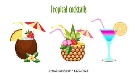 Set of tropical cocktails. Vector illustration. Isolated on a white background. Cocktail coconut cocktail in a pineapple, colorful cocktail.