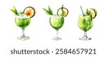 Set of tropical cocktails in watercolor glasses. Green cocktails with pineapple, coconut and apple decorated with greenery and straw. Tropical summer drinks in glasses. Vector illustration.