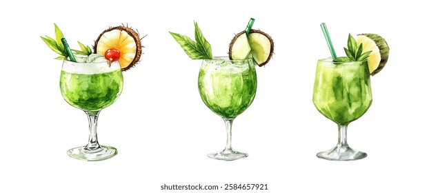 Set of tropical cocktails in watercolor glasses. Green cocktails with pineapple, coconut and apple decorated with greenery and straw. Tropical summer drinks in glasses. Vector illustration.