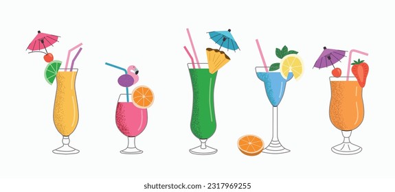 Set of tropical cocktails.Vector cartoon flat illustration