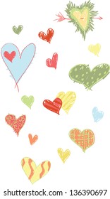 A set of tropical colored, and sketchy designed hearts.