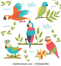 Set of tropical colorful vector parrots. Vector illustration of a parrot on white background