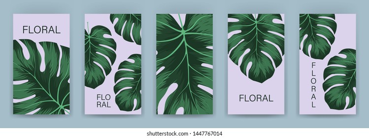 Set of tropical cover template layout set with monstera. Monstera deliciosa is a main pattern all project. Everything built on layers and editable shapes.