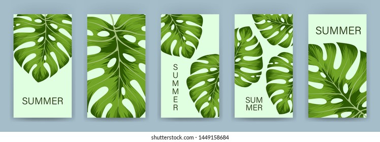 Set of tropical cover template layout set with monstera. Monstera deliciosa is a main pattern all project. Everything built on layers and editable shapes.
