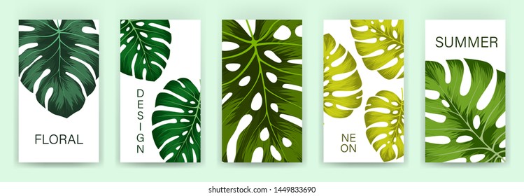 Set of tropical cover template layout set with monstera. Monstera deliciosa is a main pattern all project. Everything built on layers and editable shapes.
