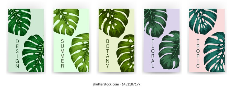 Set of tropical cover template layout set with monstera. Monstera deliciosa is a main pattern all project. Everything built on layers and editable shapes.