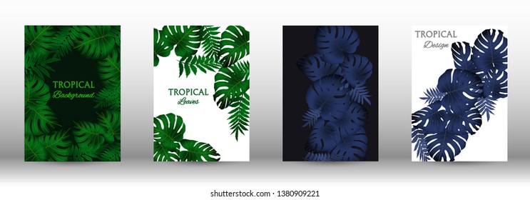A set of tropical covers. Colorful tropical leaves patterns. Exotic botanical design. Modern Front Page in Vector