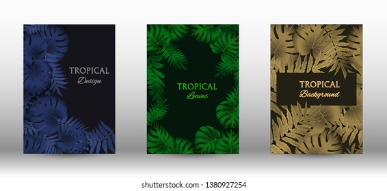 A set of tropical covers. Colorful tropical leaves patterns. Exotic botanical design. Modern Front Page in Vector