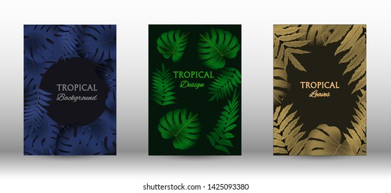 A set of tropical covers. Colorful tropical leaves patterns. Summer graphic background. Modern Front Page in Vector