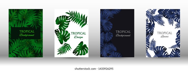 A set of tropical covers. Colorful tropical leaves patterns. Summer graphic background. Modern Front Page in Vector