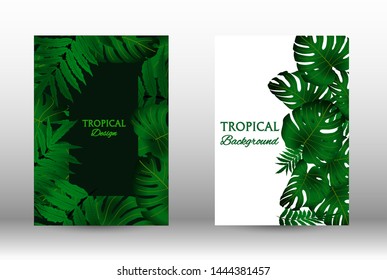 A set of tropical covers. Colorful tropical leaves patterns. Summer graphic background. Modern Front Page in Vector