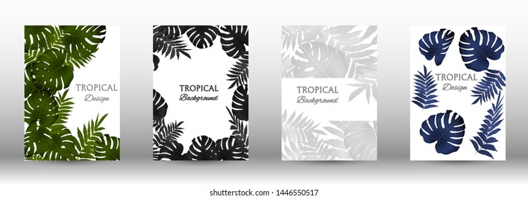 A set of tropical covers. Colorful tropical leaves patterns. Exotic botanical design. Modern Front Page in Vector