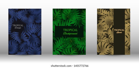 A set of tropical covers. Colorful tropical leaves patterns. Summer graphic background. Modern Front Page in Vector