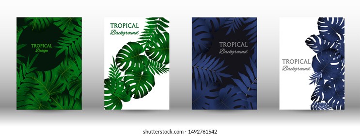 A set of tropical covers. Colorful tropical leaves patterns. Exotic botanical design. Modern Front Page in Vector