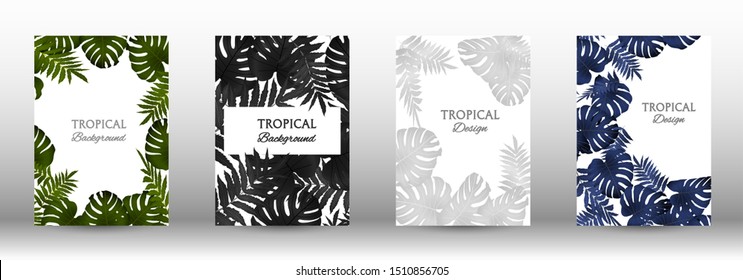 A set of tropical covers. Colorful tropical leaves patterns. Summer graphic background. Modern Front Page in Vector