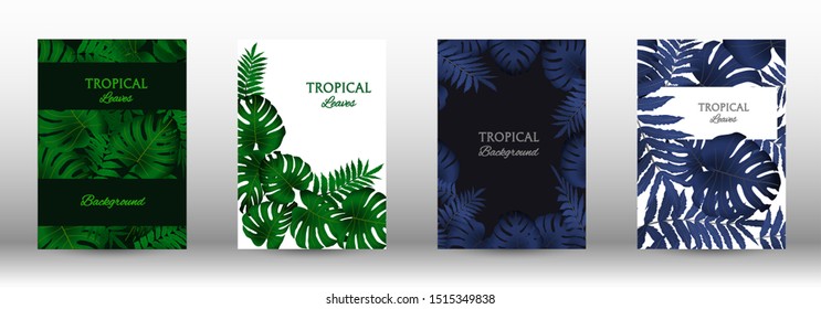 A set of tropical covers. Colorful tropical leaves patterns. Summer graphic background. Modern Front Page in Vector