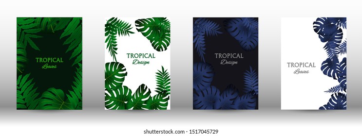A set of tropical covers. Colorful tropical leaves patterns. Summer graphic background. Modern Front Page in Vector