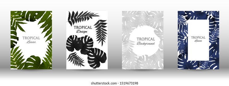 A set of tropical covers. Colorful tropical leaves patterns. Summer graphic background. Modern Front Page in Vector