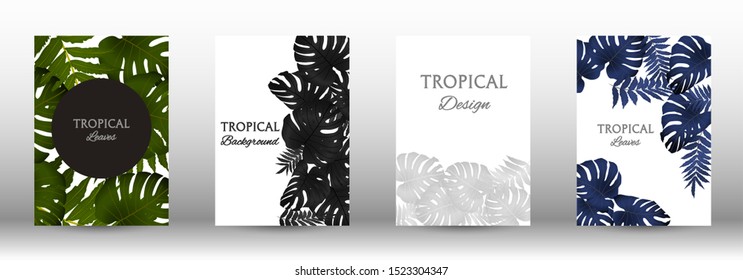 A set of tropical covers. Colorful tropical leaves patterns. Summer graphic background. Modern Front Page in Vector