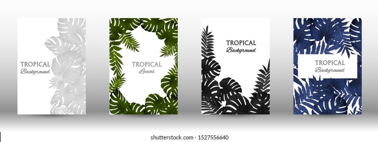 A set of tropical covers. Colorful tropical leaves patterns. Summer graphic background. Modern Front Page in Vector