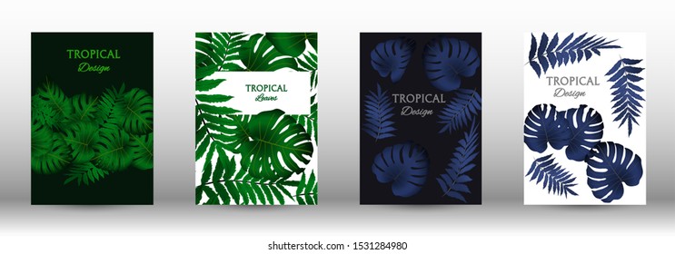 A set of tropical covers. Colorful tropical leaves patterns. Exotic botanical design. Modern Front Page in Vector