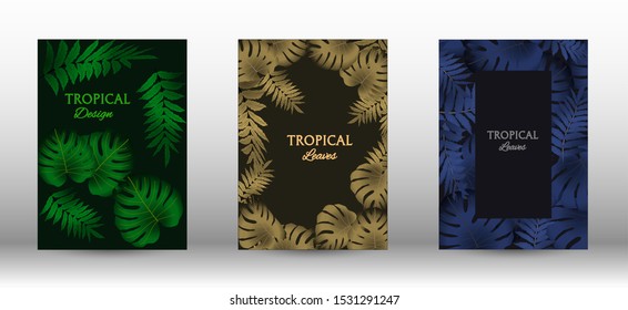 A set of tropical covers. Colorful tropical leaves patterns. Summer graphic background. Modern Front Page in Vector