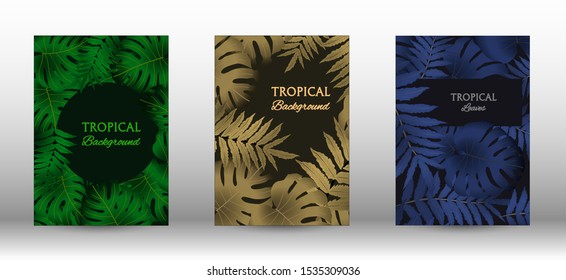 A set of tropical covers. Colorful tropical leaves patterns. Exotic botanical design. Modern Front Page in Vector