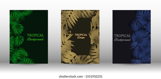 A set of tropical covers. Colorful tropical leaves patterns. Summer graphic background. Modern Front Page in Vector