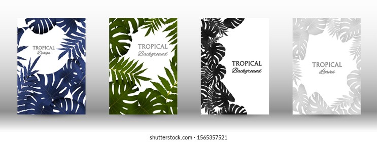 A set of tropical covers. Colorful tropical leaves patterns. Exotic botanical design. Modern Front Page in Vector