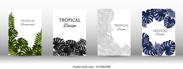 A set of tropical covers. Colorful tropical leaves patterns. Summer graphic background. Modern Front Page in Vector