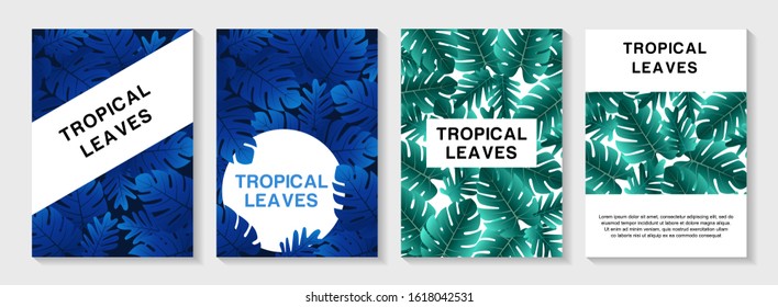 	
A set of tropical covers. Colorful tropical leaves patterns. Summer graphic background. Modern Front Page in Vector.eps 10