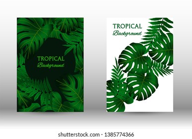 A set of tropical covers. Tropical leaves banners background. Exotic botanical design. Modern Front Page in Vector