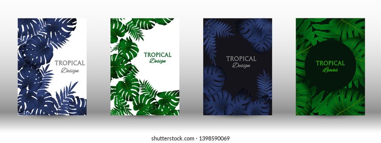 A set of tropical covers. Tropical leaves banners background. Summer graphic background. Modern Front Page in Vector