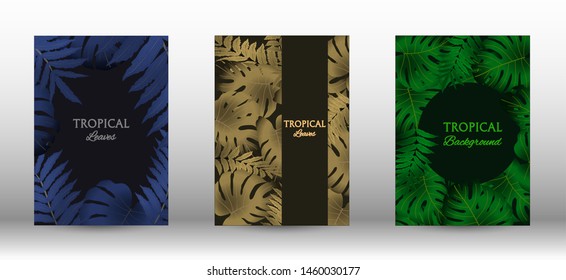 A set of tropical covers. Tropical leaves banners background. Exotic botanical design. Modern Front Page in Vector