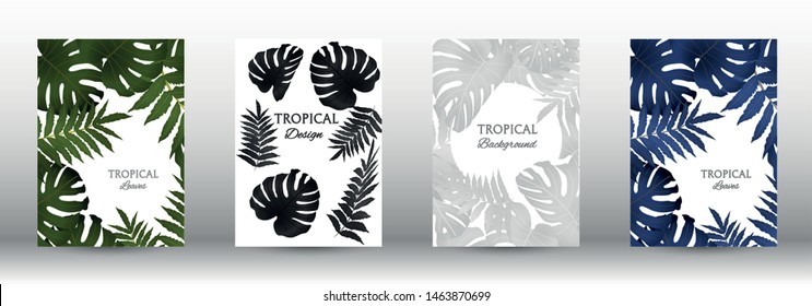 A set of tropical covers. Tropical leaves banners background. Exotic botanical design. Modern Front Page in Vector