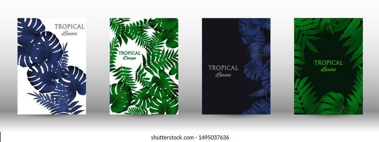 A set of tropical covers. Tropical leaves banners background. Exotic botanical design. Modern Front Page in Vector