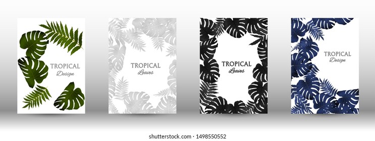 A set of tropical covers. Tropical leaves banners background. Exotic botanical design. Modern Front Page in Vector