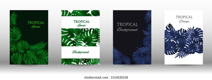 A set of tropical covers. Tropical leaves banners background. Exotic botanical design. Modern Front Page in Vector