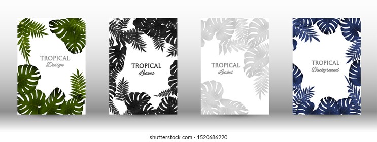 A set of tropical covers. Tropical leaves banners background. Exotic botanical design. Modern Front Page in Vector