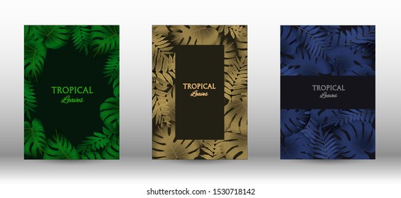 A set of tropical covers. Tropical leaves banners background. Summer graphic background. Modern Front Page in Vector