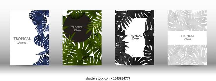 A set of tropical covers. Tropical leaves banners background. Summer graphic background. Modern Front Page in Vector