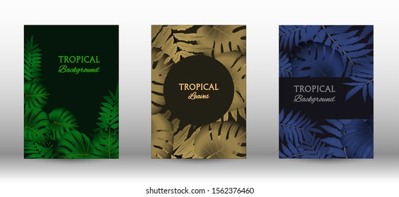 A set of tropical covers. Tropical leaves banners background. Exotic botanical design. Modern Front Page in Vector