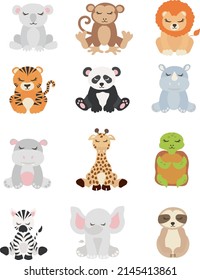 Set Tropical Cute Safari Animals Clipart. 