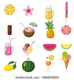 Set of tropical cute summer icons, fruits, ice cream tropical cocktailes cartoon style, isolated