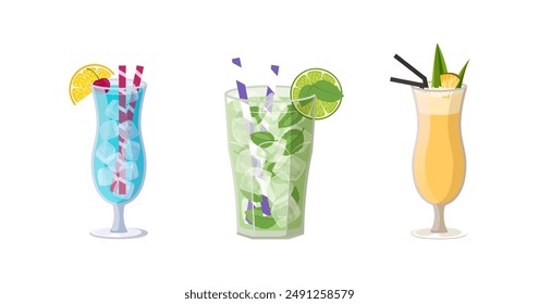 Set of tropical drinks. Summer cocktails isolated on white background. Vector illustration