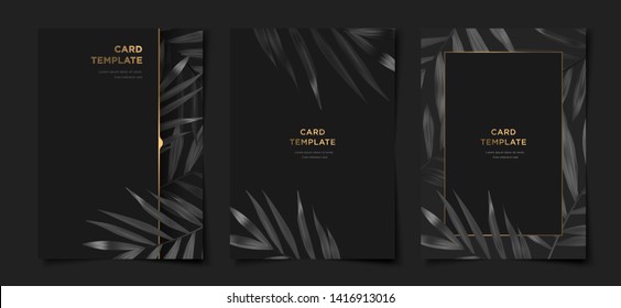 Set Of Tropical Elegant Black And Gold Cover Template Layout Set With Foliage Background, Luxury Spa, Hotel, Card, Invitation, Salon And More