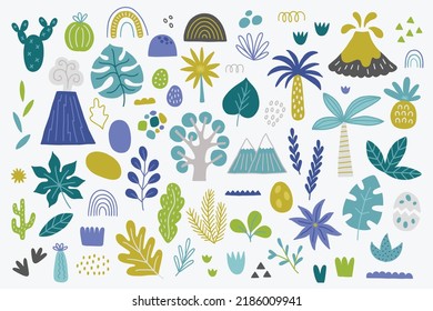 Set of tropical elements - cactus, volcano, rainbow, mountains, pineapple, palm tree, egg, monstera leaves, geometric shapes, grass, bush isolated on white background. Perfect as child illustration 