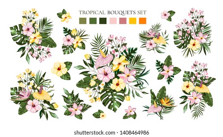 Set of tropical exotic flowers bouquets with frangipani hibiscus calla green monstera palm leaves. Floral branch arrangements wedding invitation save the date. Vector illustration in watercolor style