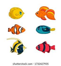 Set of tropical fish. Clownfish, goldfish, butterflyfish an others. Vector illustration in cartoon style
