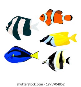 set of tropical fish drawing, vector illustration